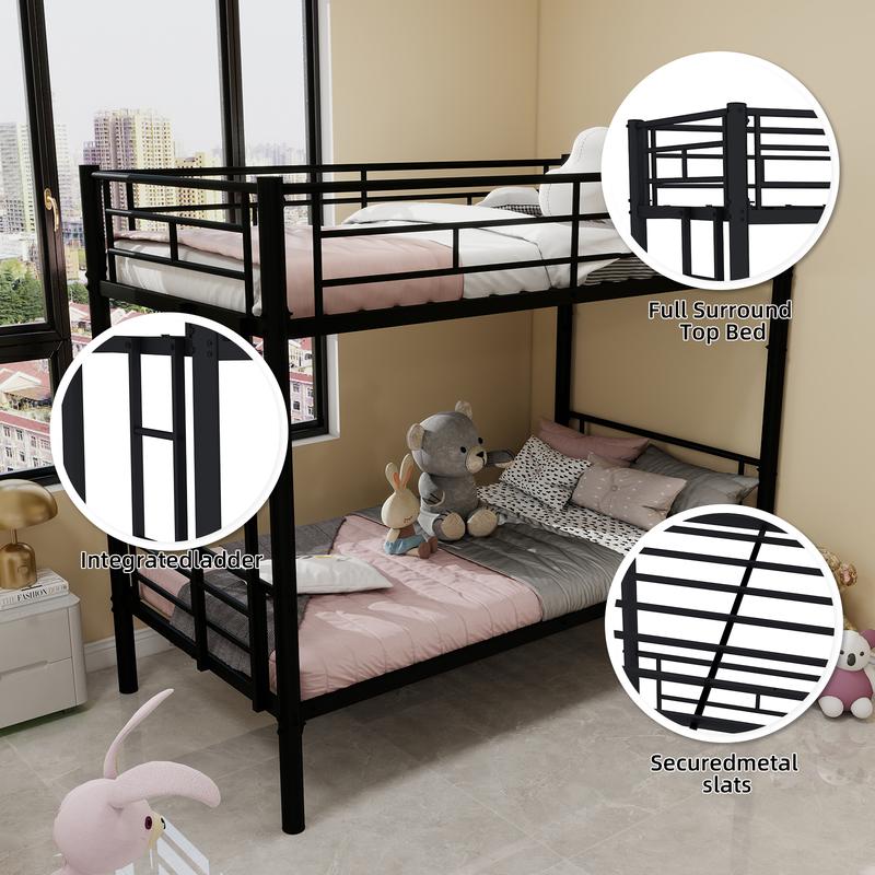 Bunk Bed Frame Twin Over Twin, Heavy Duty Detachable Metal Bunk Beds with Ladder and Full-Length Guardrail, Space Saving Design, No Boxing Spring Needed, Easy to Assemble, Black