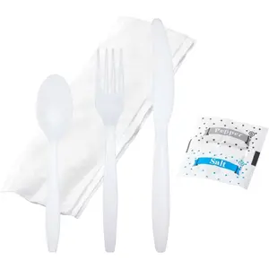 Bulk Heavy Weight Cutlery, Individually Wrapped White Plastic-Knife, Spoon, Fork Set with Napkin and Salt & Pepper Packets, Extra Strong & Resistant