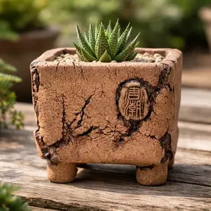 Handmade Ceramic Succulent Planter with Legs – Mini Cracked Yellow Clay Bonsai Pot for Cactus & Small Plants, Breathable Indoor Flower Pot for Desk, Shelf & Home Decor, Rustic Gift for Plant Lovers