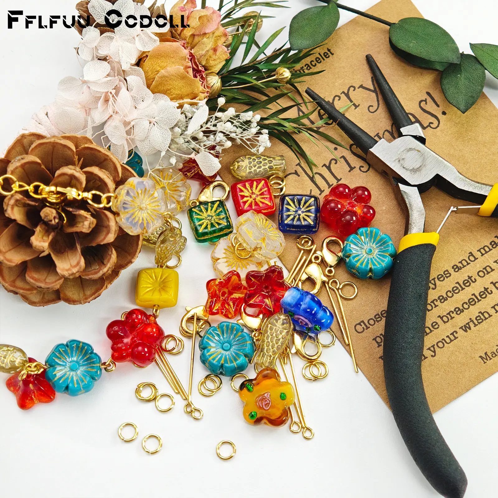 44Pcs All-in-1 Beading Starter Craft Kit - Multicolor Glass Flower & Fish Charms, Gold-Plated Connectors, Hand Tools for Bag Charms, Bracelet Decoration Handicrafts