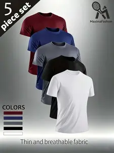 5 Pcs Quick-Dry Short Sleeve T-Shirts, Lightweight Men's Round Neck, Breathable, Sweat-Wicking, Ideal for Gym, Running, Workout Apparel, All Seasons