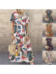 Chinese Style Floral Print Dress Elegant Loose Fit Casual Long Dress for Women Spring Autumn Vintage Flowy Maxi Dress