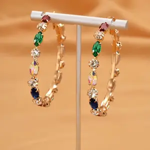 Colorful Crystal Hoop Earrings for Women, Multicolor Gemstone Embellished Gold Tone Hoops, Sparkling Statement Jewelry for Party, Prom & Festival Wear, Ideal Gift for Her