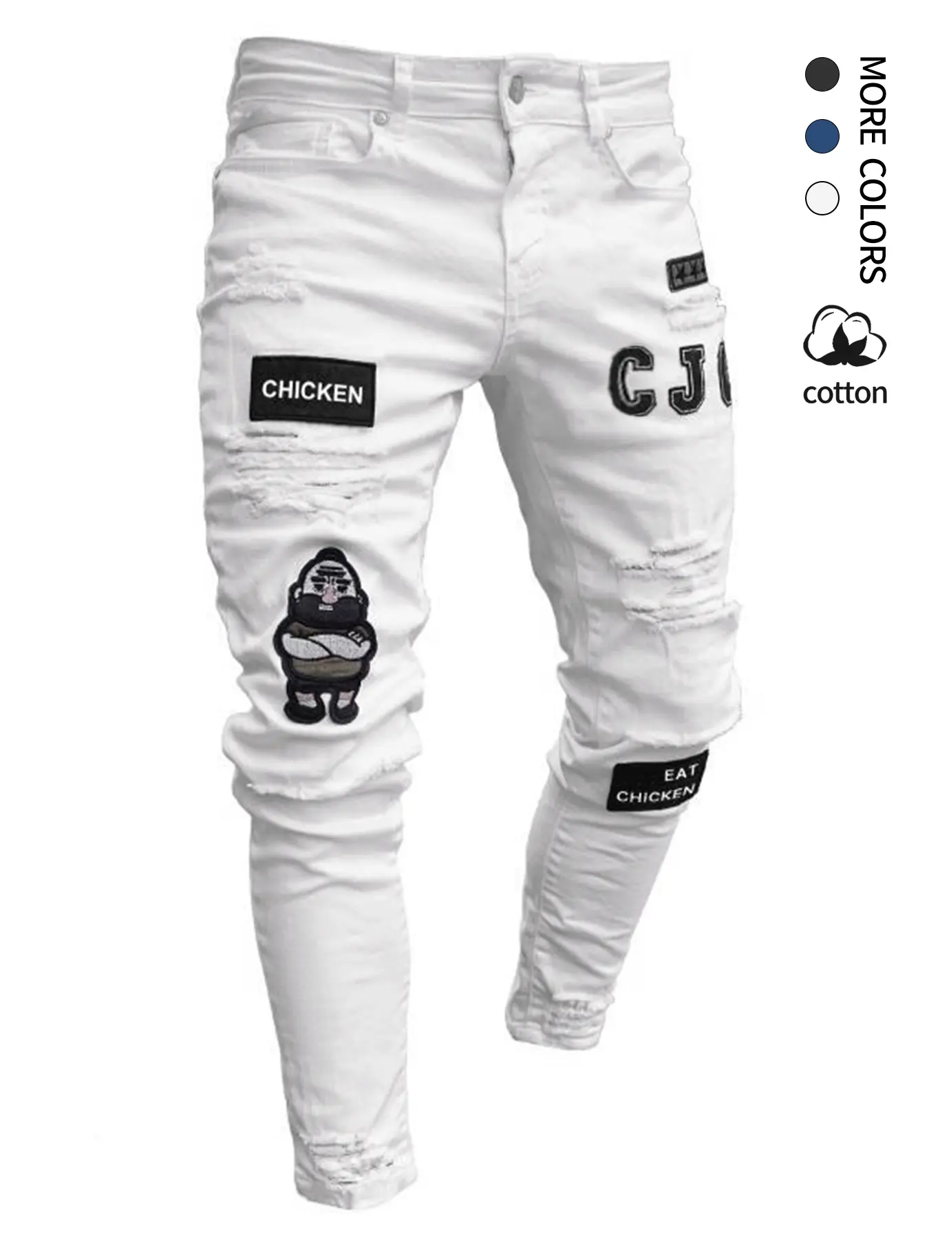 Men's Fitted Denim Jeans with Elastic Ripped Design, Embroidered Patchwork, Casual Fashion, Comfortable All Seasons, Medium Stretch Fabric, Streetwear Pants