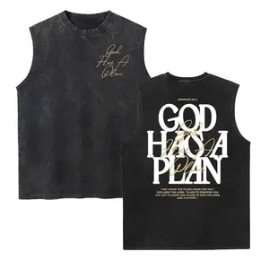 Retro Washed Double Sided Printed 230g Pure Cotton Vest | “GOD HAS A PLAN” Letter Print | Men’s Casual Comfortable Street Style | Distressed Festive Top