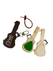Personalized Guitar Pick Holder Keychain Mini Guitar Case Design with Custom Name Storage Secure Silicone Cable Clasp Brown