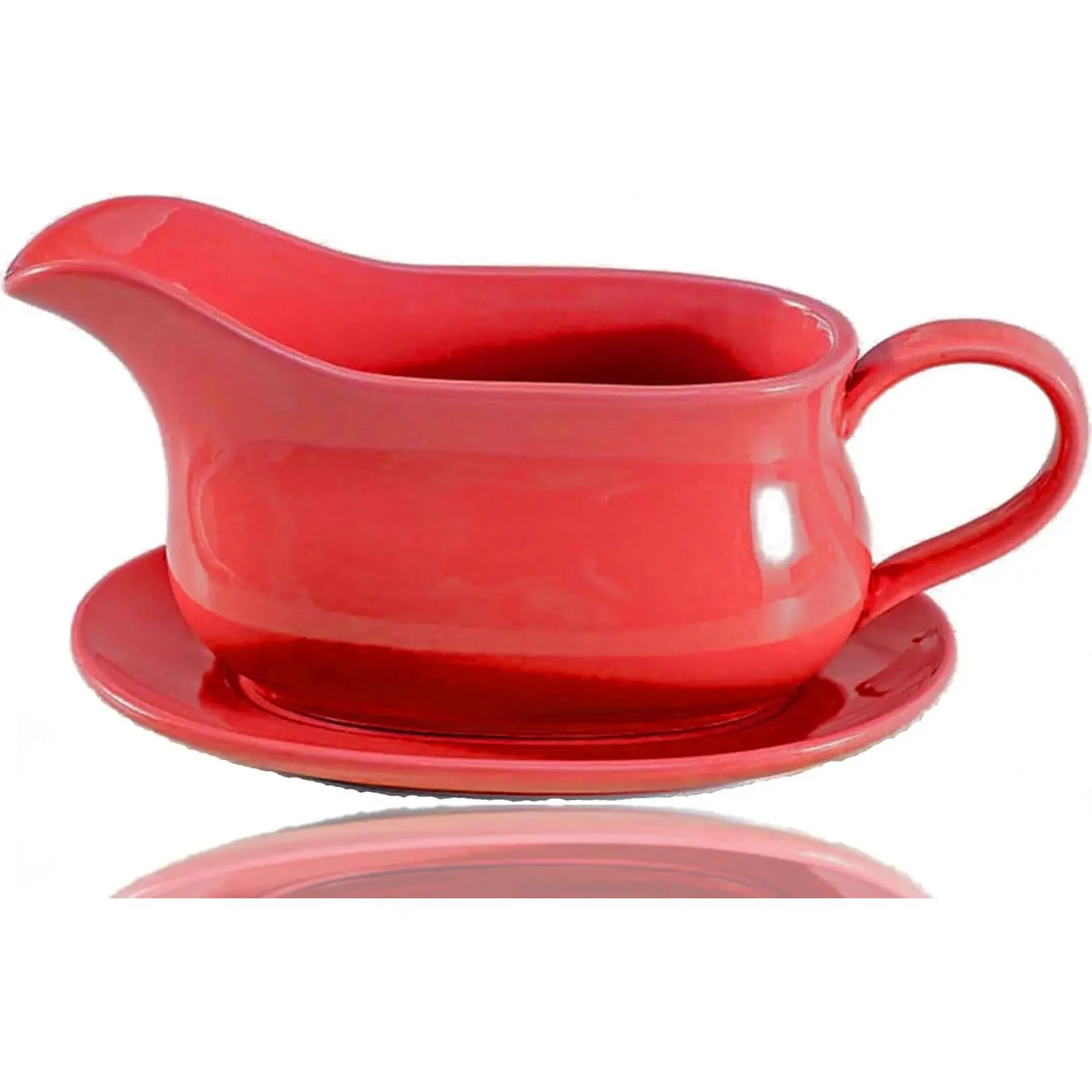 15 oz Ceramic Gravy Boat & Saucer, Serving Dish with Tray for Sauces Dressings Creamer, Large Handle, Microwave and Dishwasher Safe (Red)