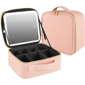 Travel Makeup Bag, with Mirror and Light, Detachable Mirror, 3 Color LED Setting, with Makeup Brush Storage Bag, Waterproof Travel Cosmetic Case Makeup Case, Pink