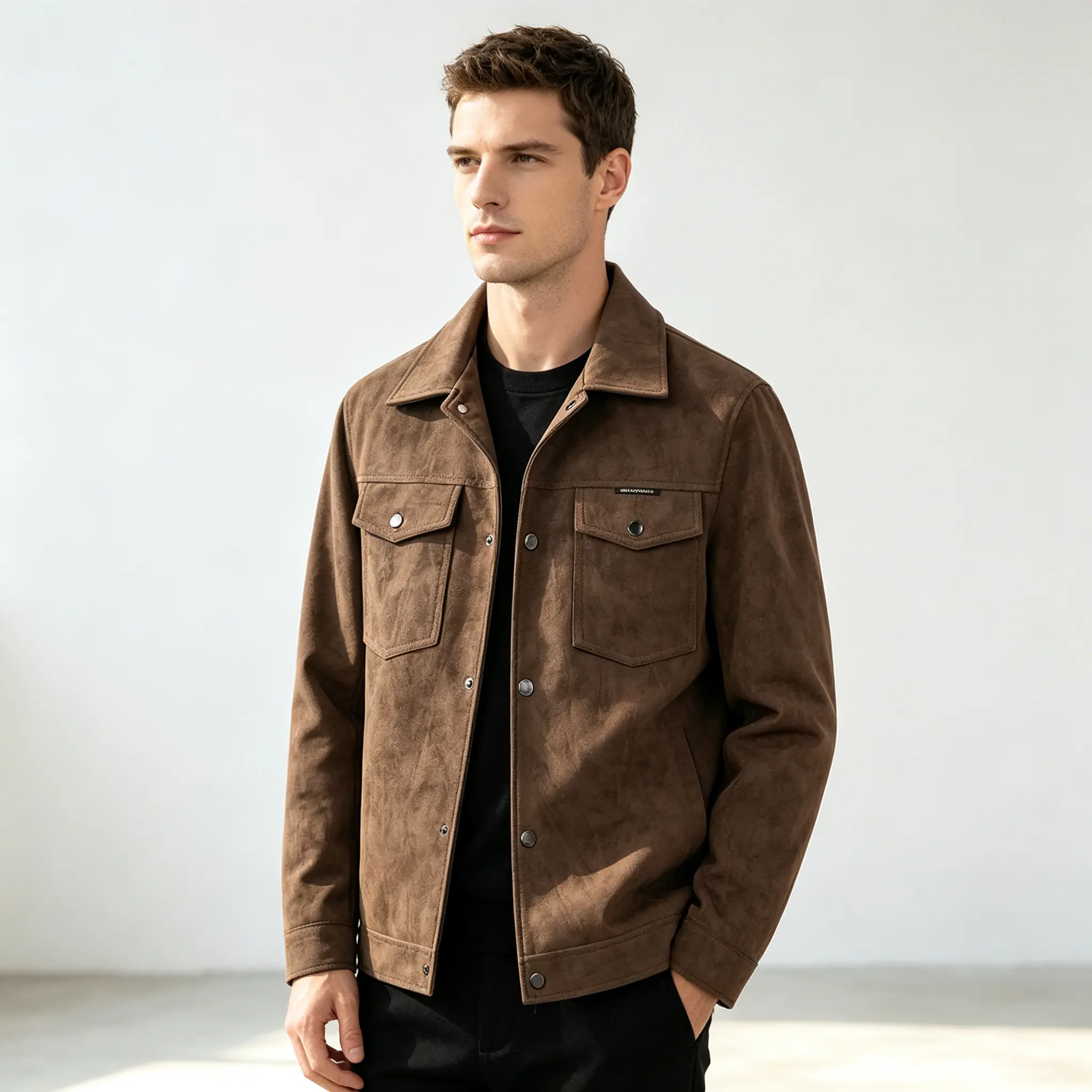 Men’s classic suede trucker jacket, turn-down collar button-front casual outerwear, soft faux suede long-sleeve workwear jacket