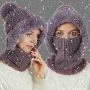 One package two pieces Winter Fleece Lined Knitted Hat with Earmuffs 3-in-1 Winter Hat Scarf Mask Set, Windproof and Warm Hooded Neck Warmer for Outdoor Cycling