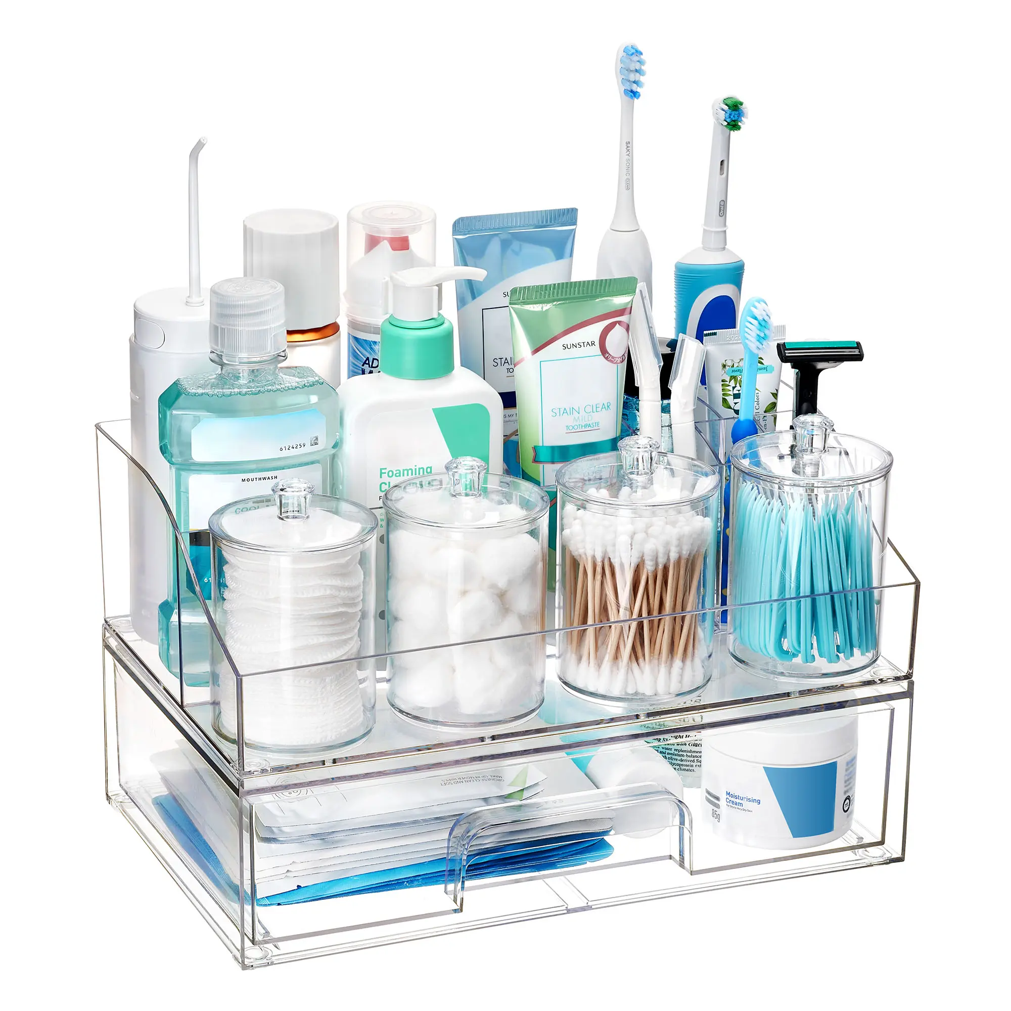 【Live Only】Vtopmart 6 PCS Bathroom Countertop Organizer, with 4 Qtip Holder Jars and 1 Drawers, Restroom Clear Organizers for Toothbrush, Cotton Pads, Vanity Accessories Storage Set