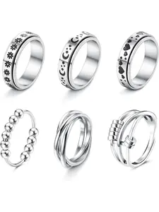 6 Pcs Silvery Diverse Stainless Steel Thumb Rings for Women Men Small Moon Star Bead Flower Spinning Rings Spinner Rings Classic Cool Bands Rings with Beads