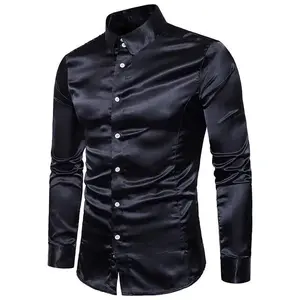 Autumn men's long - sleeve shirts, with quality, casual, fashionable and shiny silk - like fabric Tops Menswear Breathable Satin Soft Evening Garment Imitation Layer Mesh Smooth Traditional Beige Plain