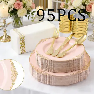 95-Piece Vintage Gold-Trimmed Plastic Plate Set, Durable Dinnerware Includes Plates Dessert Spoons Forks Cups Napkins for Weddings Birthdays