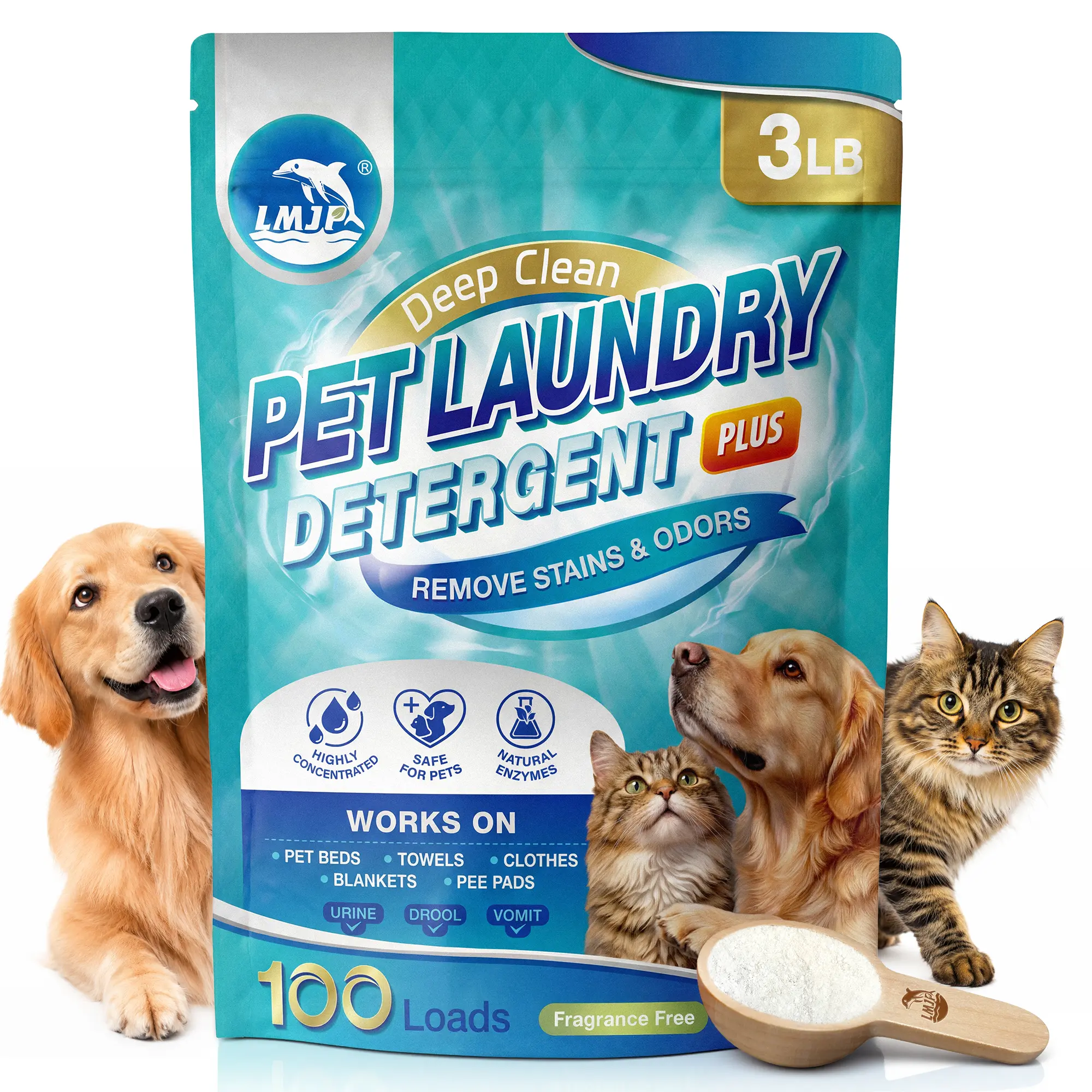 LMJP Pet Laundry Detergent Odor Remover - Plant-Based Detergent for Cat Urine, Dog Beds, Bio-Enzyme Laundry Booster for Tough Stains & Odors, Sensitive-Skin Friendly & 100% Plastic-Free - 100 Loads