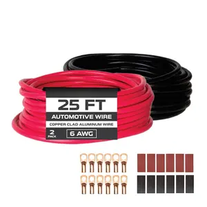 50 ft 6 Gauge Wire - 2 Pack 25ft Copper Clad  Primary  6 AWG Heavy Duty with Wire Lug Terminal Connectors and Heat Shrink Tube