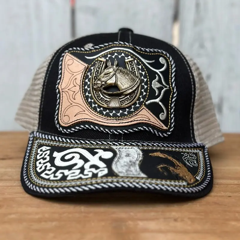 “El Potro” Black Western Style Cap with Horse and Horseshoe for Men