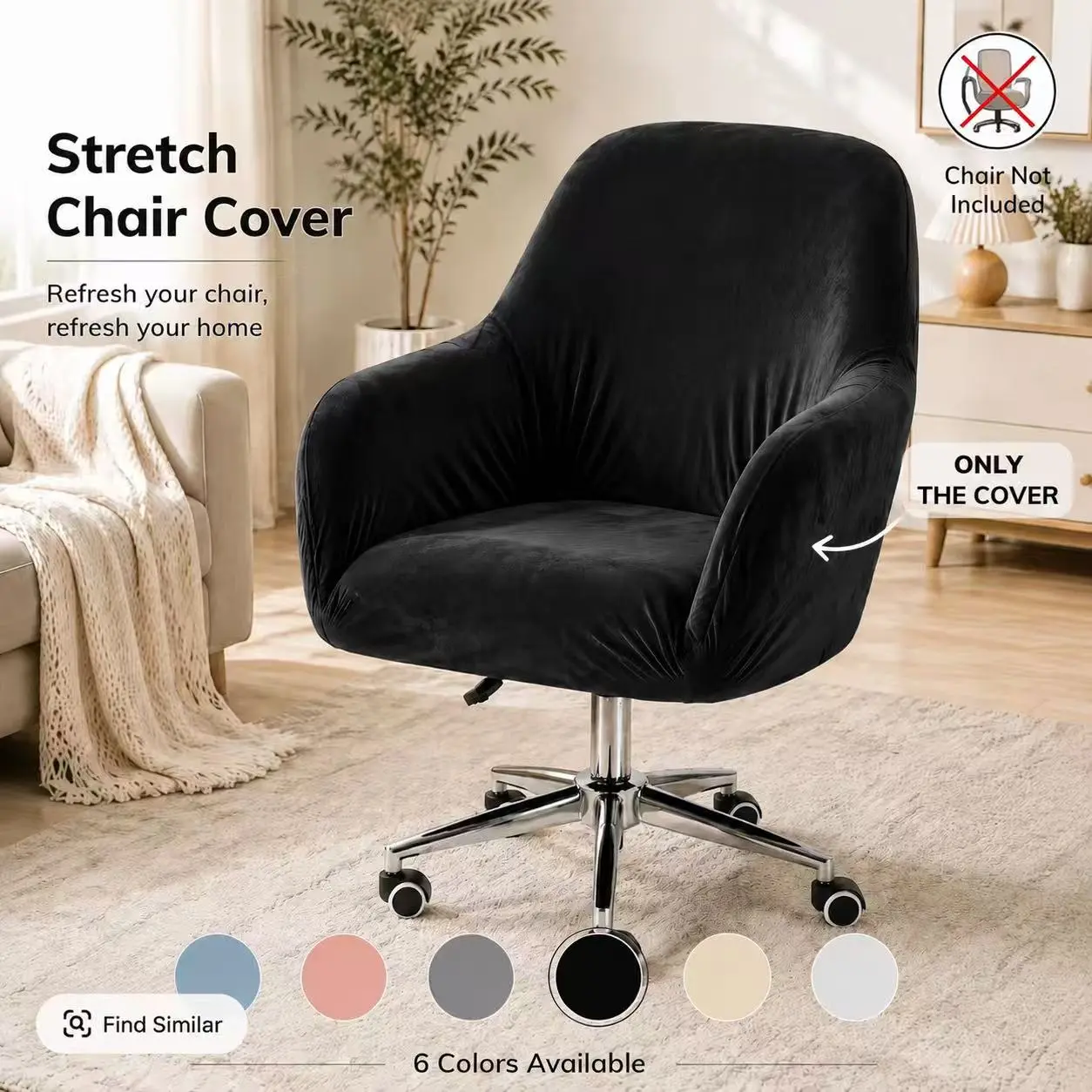 Premium Stretch Velvet Office Chair Slipcover with High Armrests | Full-Cover Elegant Computer Task Chair Cover for Home Vanity & Makeup Seating, Chair Cover Only