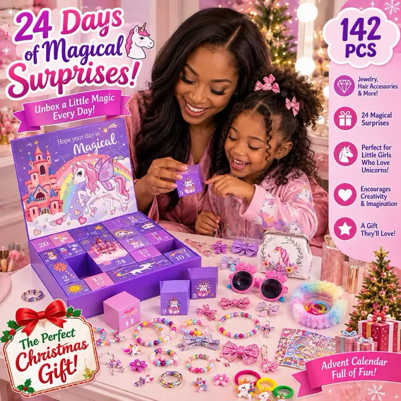 142 PCS Purple Unicorn Desktop Advent Calendar for Office Stationery, with Envelope Slots, Elastic Band Closure
