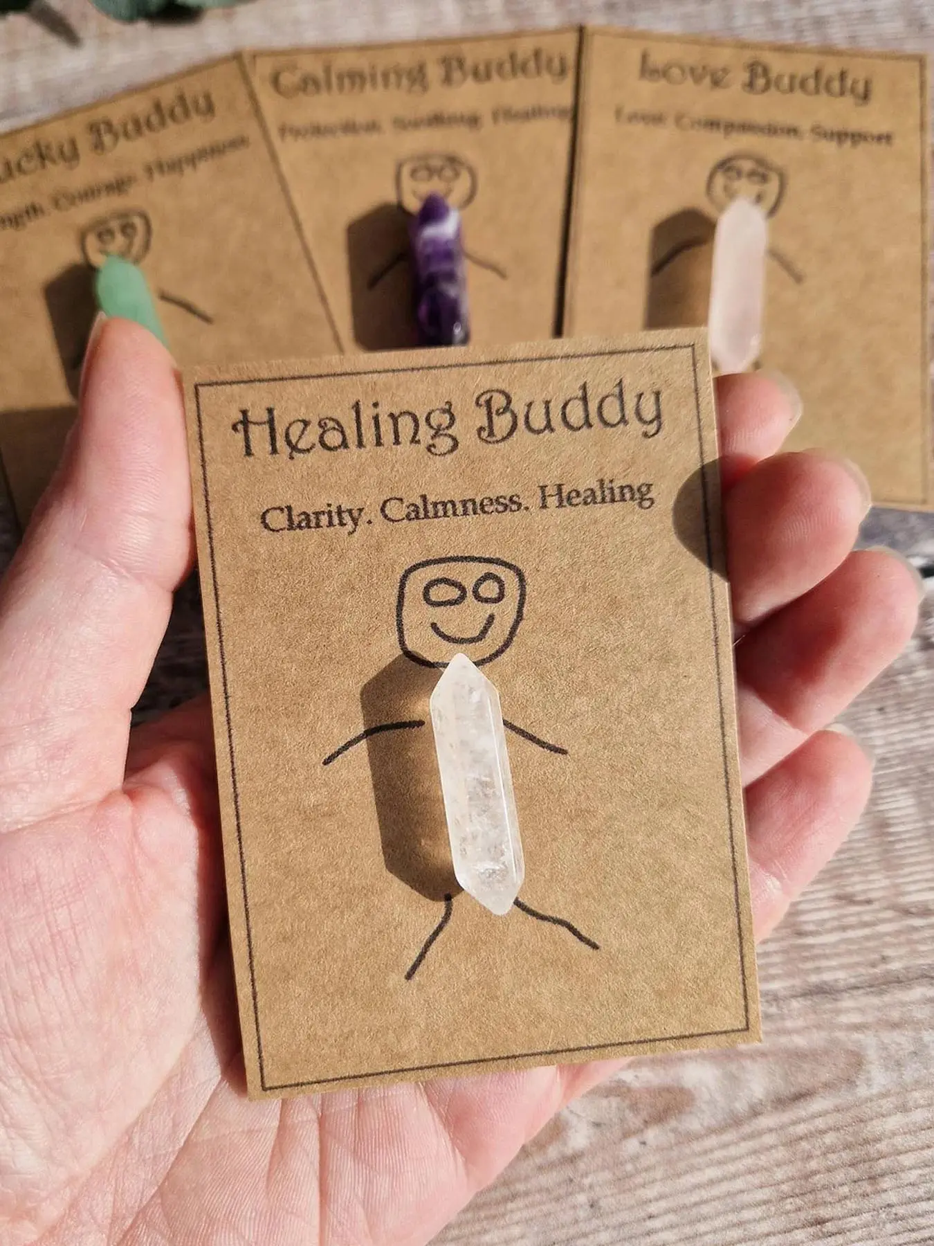 4pcs Cute Crystal Gift, Amethyst Crystal Healing, "Calming / Lucky / Love / Healing " Crystal, Friendship Crystal, Thinking of You Gift, Uplifting Gift, Funny Design, Stones for Healing, Healing Stones