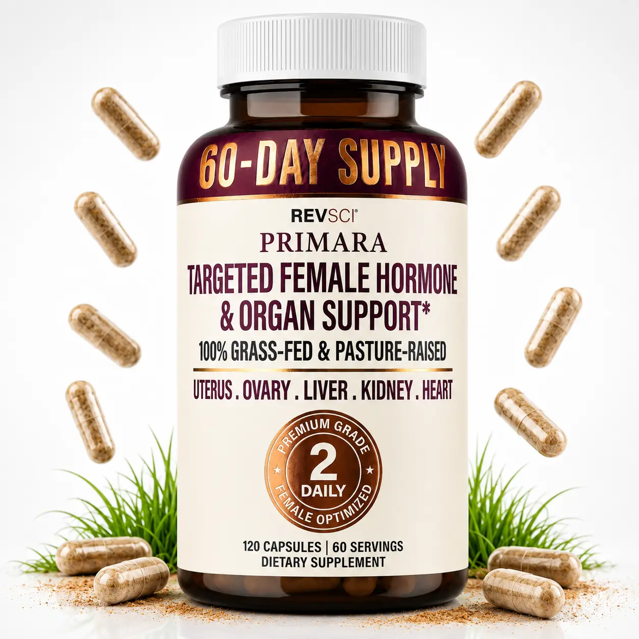 Beef Organs for Women, 60 Day Supply (120 Caps) PRIMARA Beef Organ Supplement for Women - Overy, Uterus, Liver, Kidney, Heart - Superfood to Support Hormone Balance & Energy - Dietary Vitamin & Iron for Optimal Fitness & Healthcare