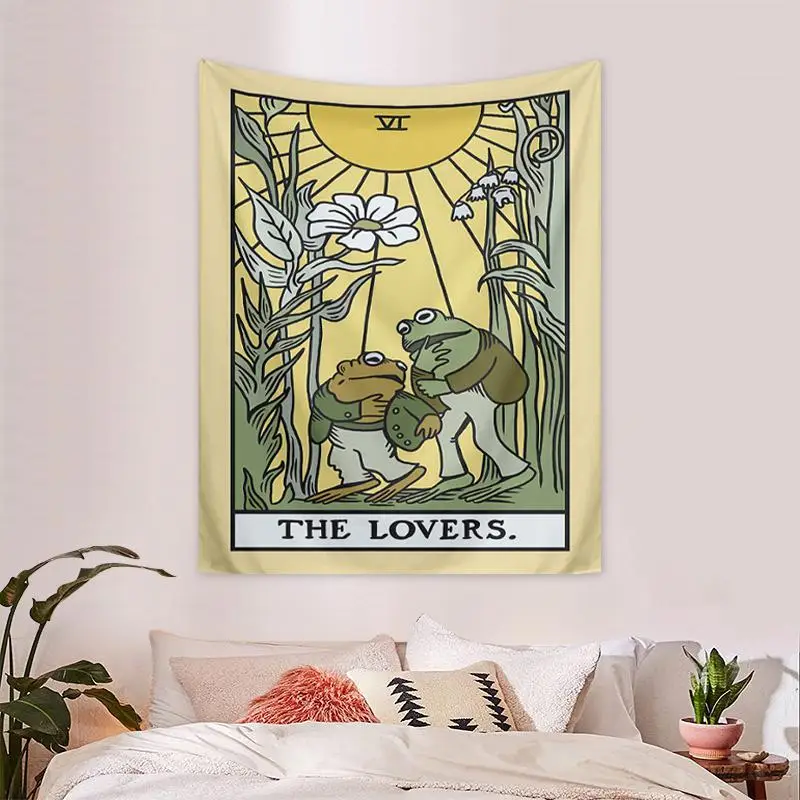 Sunflower Plant & Frog Pattern Design Tapestry, Wall Hanging Canvas with Mounting Kit, Summer Wall Decoration for Living Room, Bedroom, Dormitory, Roo