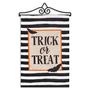 G128 Combo Pack Garden Flag Hanger 14IN & Garden Flag Trick or Treat Bats and Black and White Stripes 12x18IN Printed Double Sided Burlap Fabric