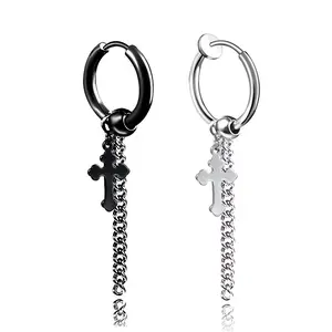 2-Piece Cross Dangle Hoop Earring Set, Gothic Chain Drop Design in Black & Silver, Durable Jewelry for Edgy & Alternative Styling