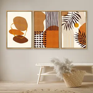 Wall Art Prints Set of 3 Tropical Leaves Abstract Geometric Illustrations Mid Century Modern Boho Wall Art Living Room Decor Frames Glossy