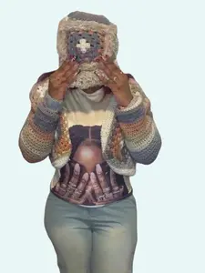 Ombré Crochet Granny Square Cardigan with matching granny square faux fur bucket hat