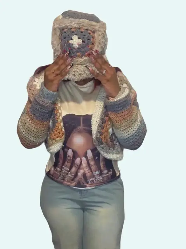 Ombré Crochet Granny Square Cardigan with matching granny square faux fur bucket hat