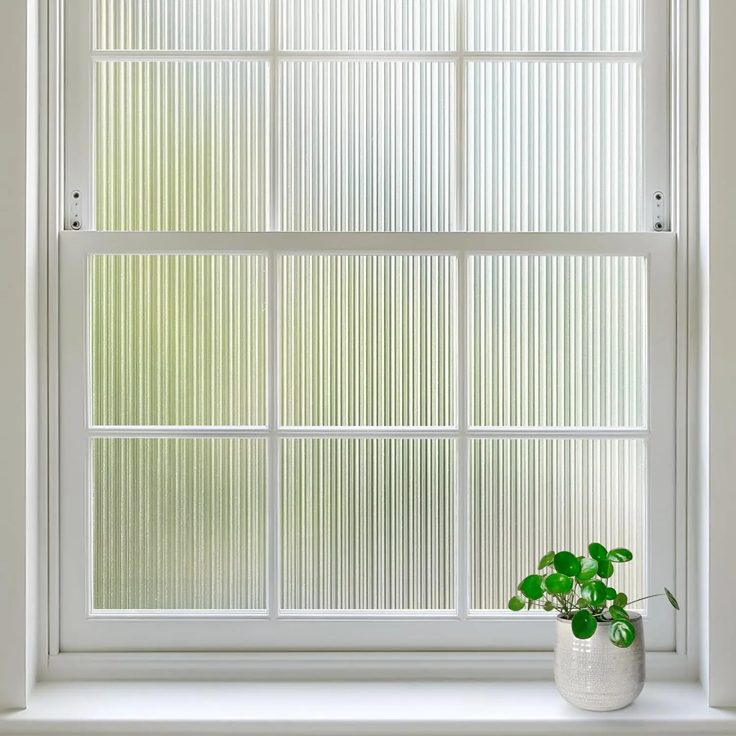 Reeded Glass Window Privacy Film, Non Adhesive Frosted Glass Window Film, Static Cling Removable, UV Heat Blocking Anti-Glare, Decorative for Bathroom Living Room, 17.5 by 78.7 Inches