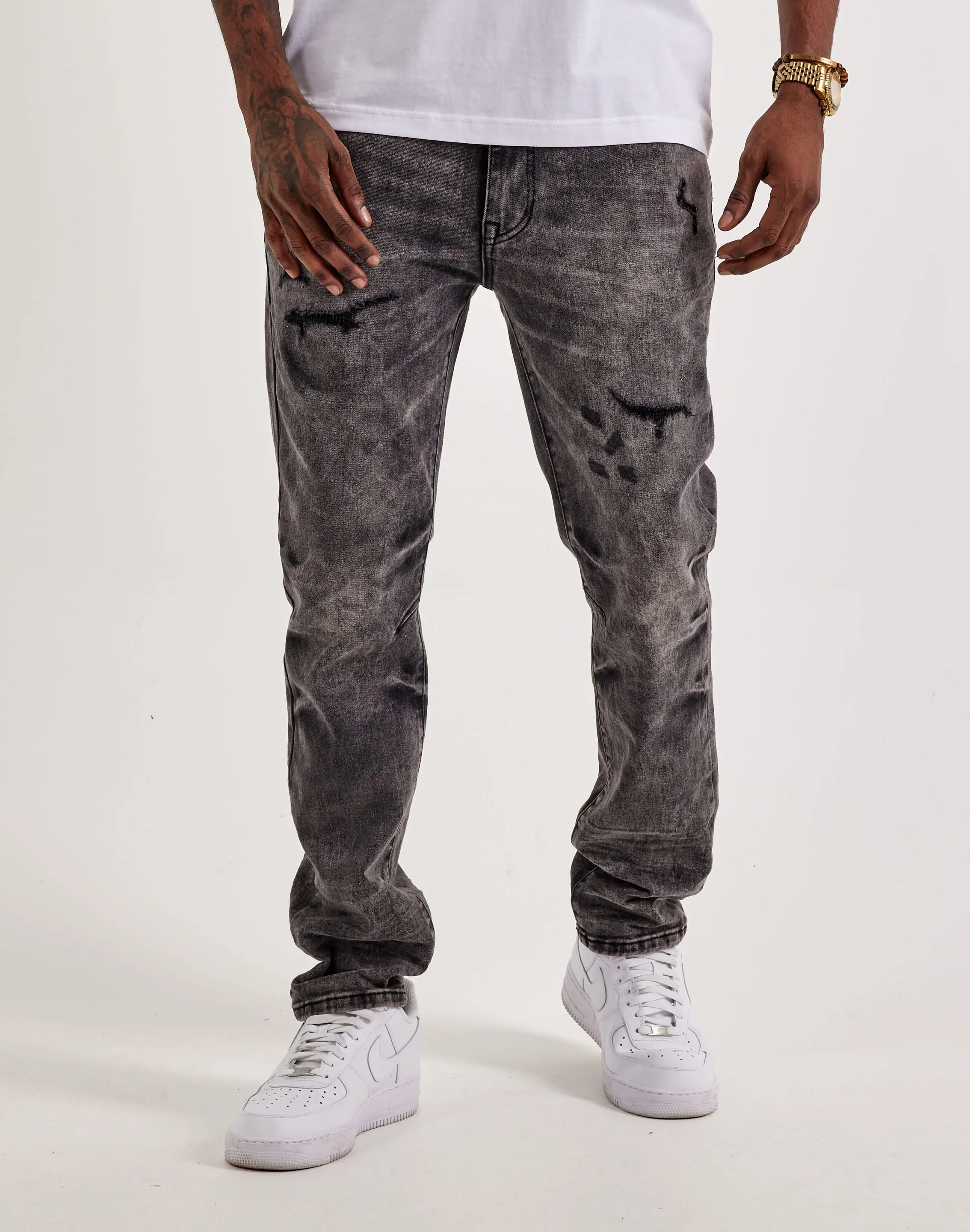 Mens Smoke Rise Distressed Knee Burst Slim Denim Jeans