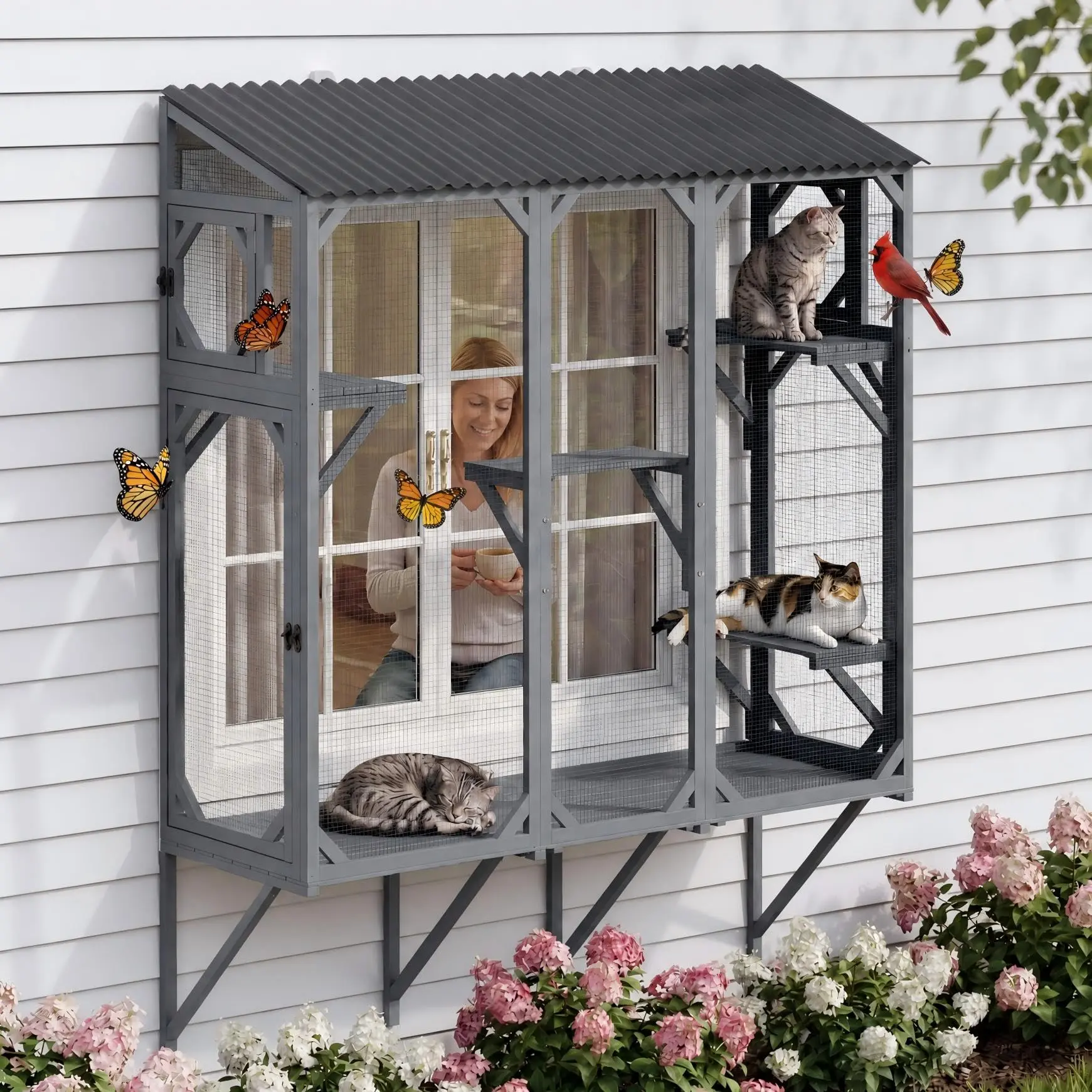 Garvee Wooden Window Catio Cat Enclosure Window Box for Multiple Cats