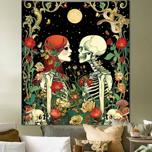 Skull Halloween Tapestry for Bedroom Aesthetic, Goth Skeleton Lovers Moon Tapestries, Horror Ghost Rider Night Sky Moon Garden Wall Hanging for Dorm Living Room Decor (51"X60")