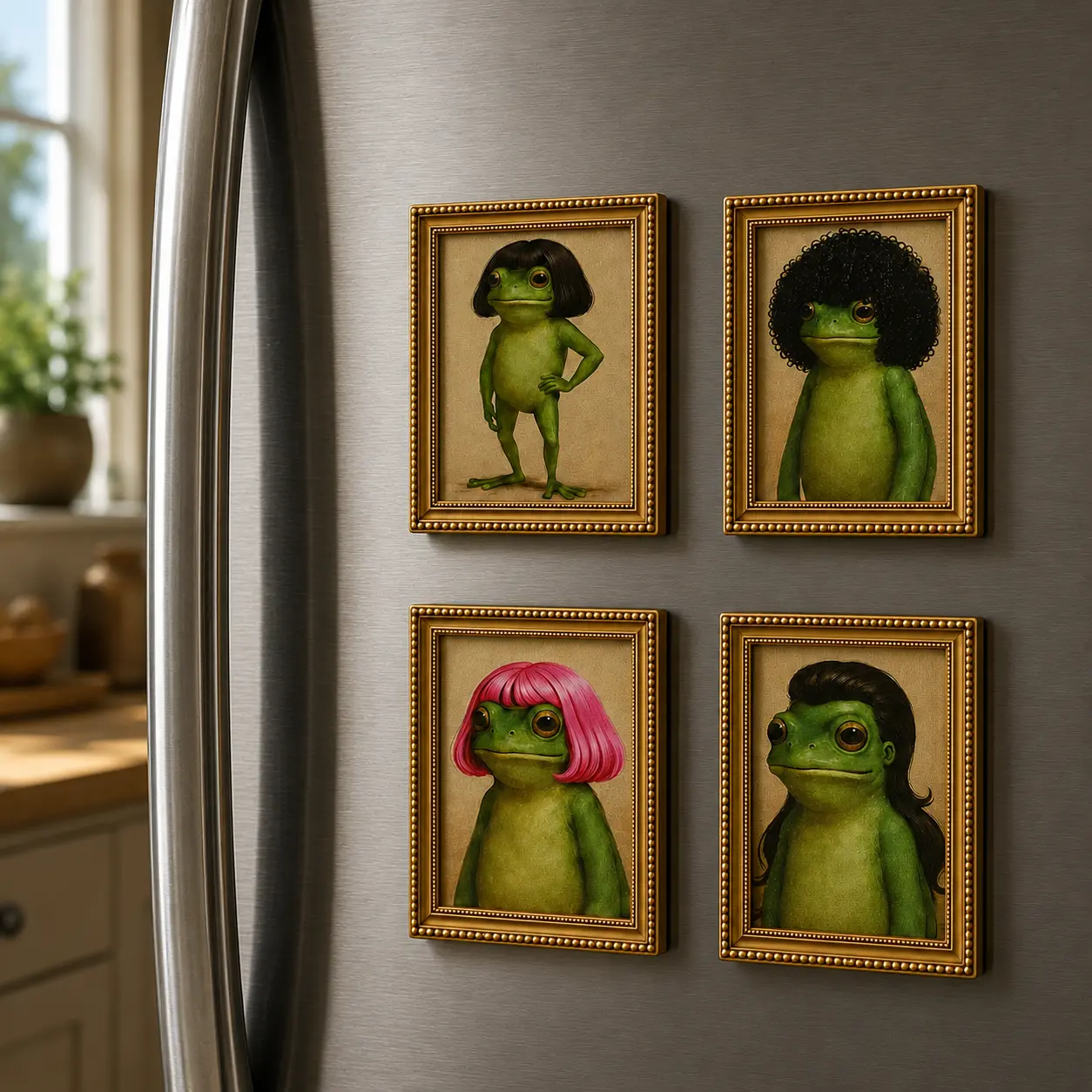 Funny Frog Magnet 2layer - Mini Fridge Magnet with Green Frog & Haircut, Modern Kitchen Decor, Durable Wood Construction for Refrigerator, Fridge