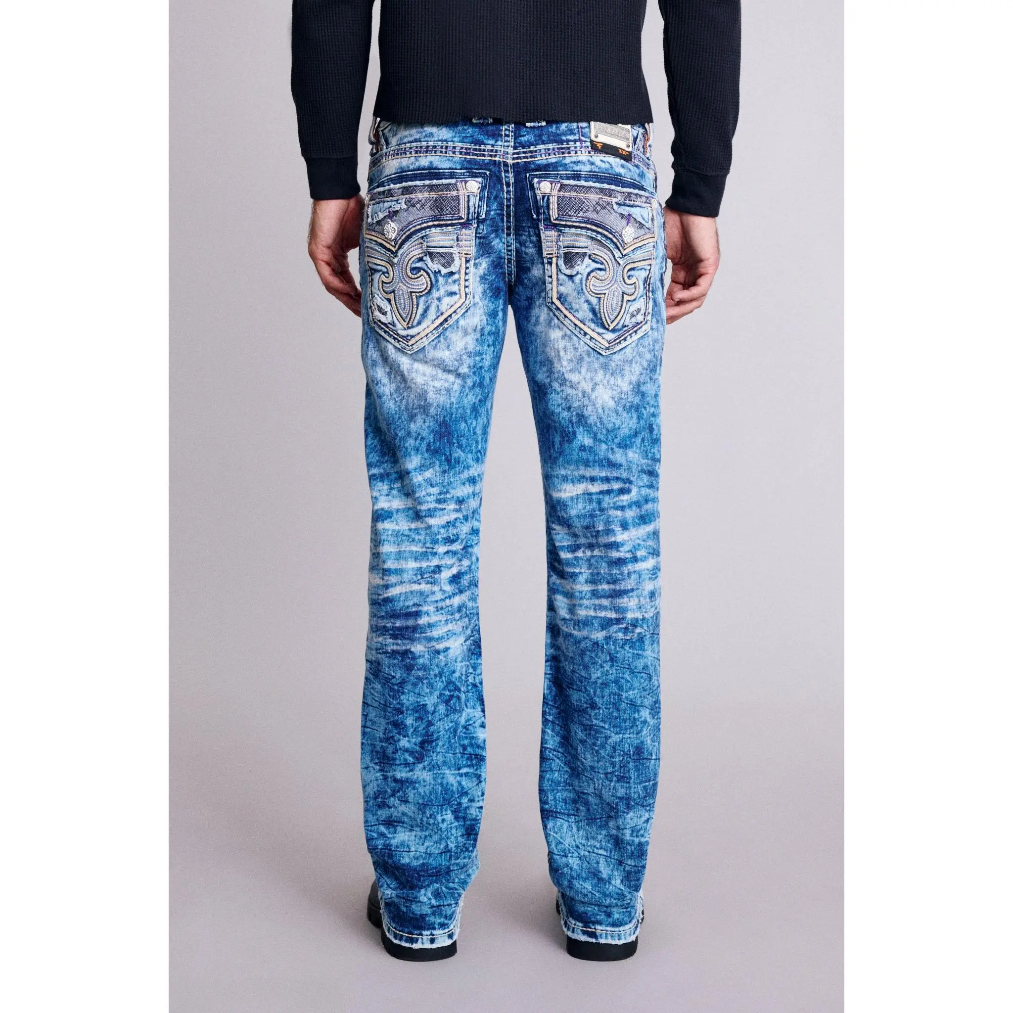 Rock Revival Men's Cayden Straight Acid Wash Stretch Denim Jeans - Embroidered Fleur-de-Lis Back Pockets, Leather Accent Mens Bottoms Pants, Menswear