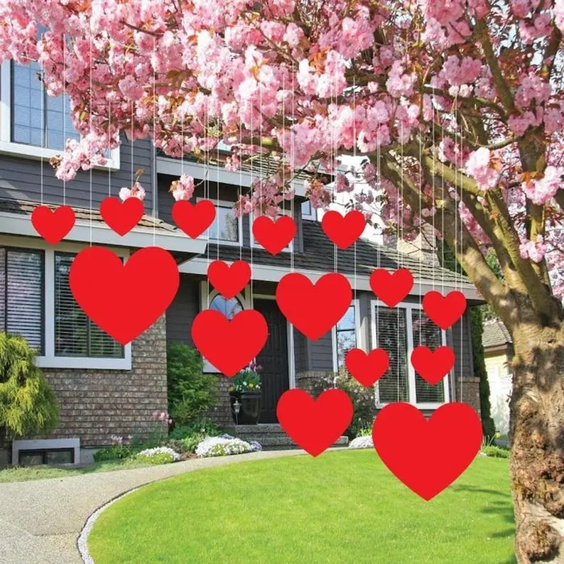 Hanging Red Hearts Yard Art Set - 15pc Valentines Day Yard Card Lawn Sign for Home Decor