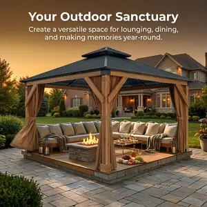 YJ-Garvee Heavy Duty Hardtop Spruce Wood Gazebo 10'x10' – Double Metal Roof, 4.7'' Reinforced Poles, Waterproof Outdoor Pavilion with Curtains & Mosquito Netting – Ideal for Patio, Deck, Backyard,Party