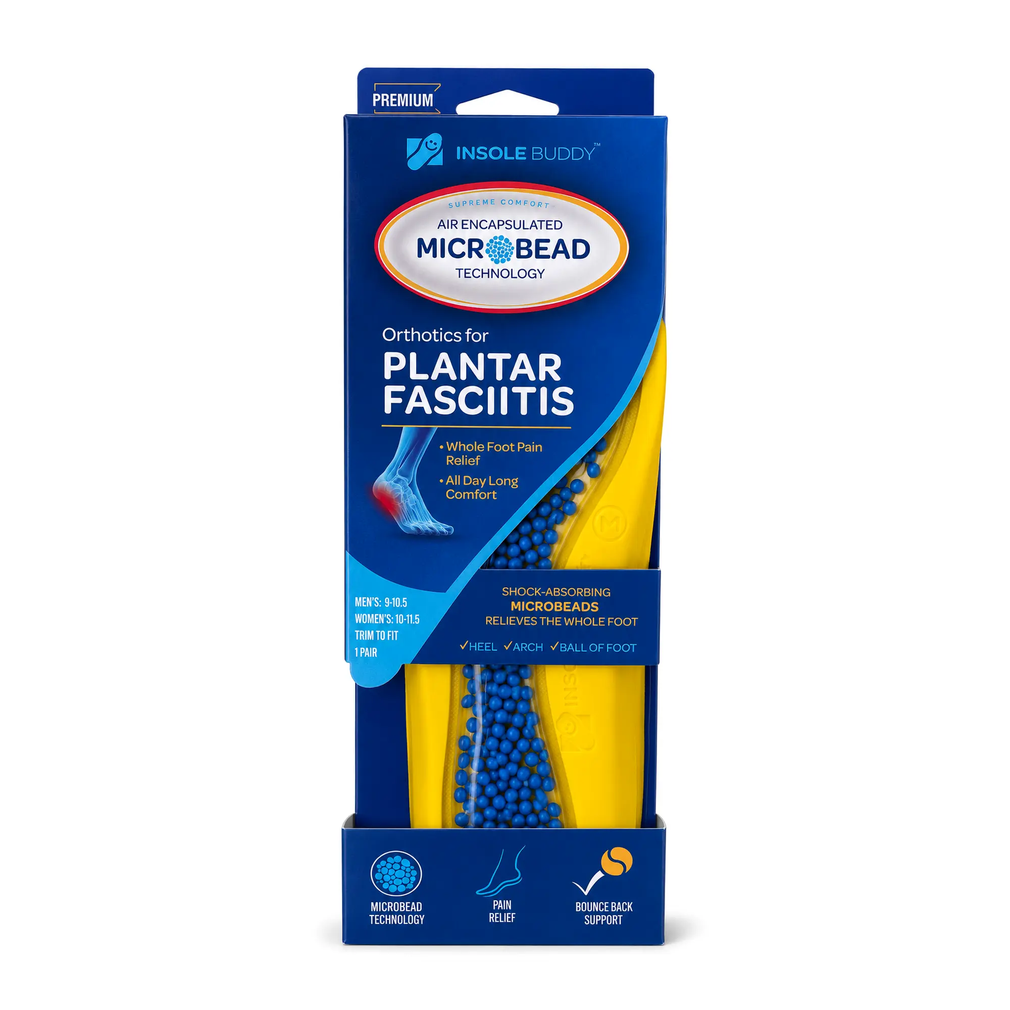 InsoleBuddy Plantar Relief Pro Insoles for Men and Women, Air-Encapsulated Micro Bead Technology, Full-Length Shock Absorbing Cushion for Heel Arch and Ball-of-Foot Pain Relief, Breathable Mesh Anti-Slip Trim-to-Fit for Sneakers and Crocs, 1 Pair