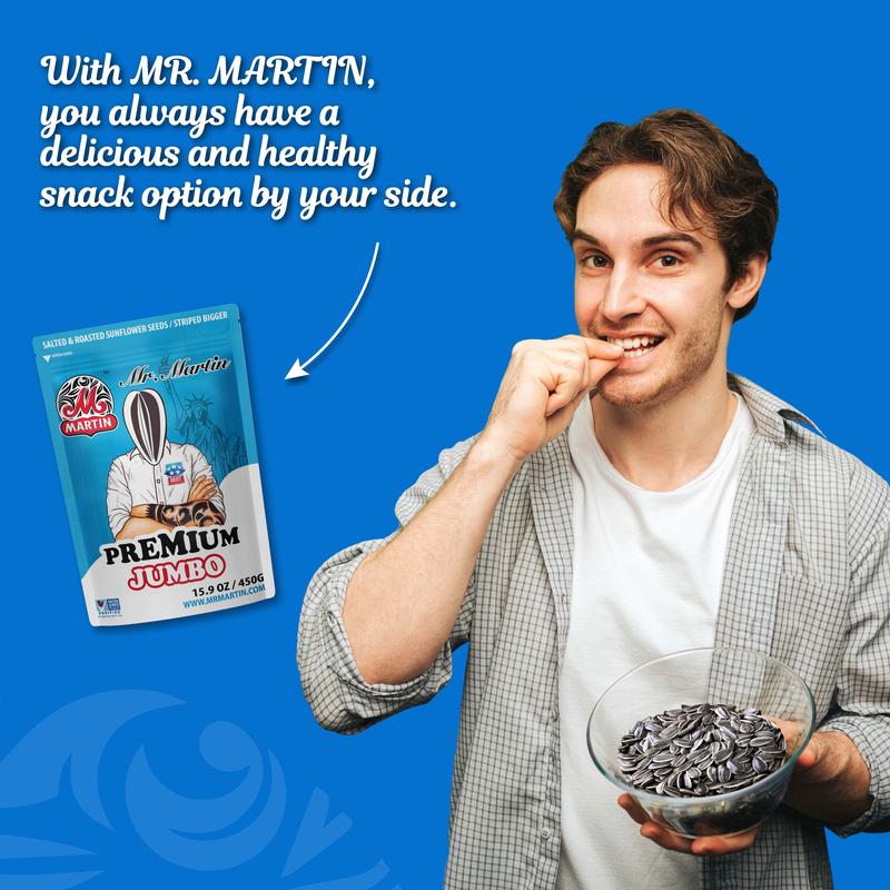 Mr. Martin Freshly Roasted Salted Premium Jumbo Stripped In-Shell Sunflower Seeds - Pack of 12