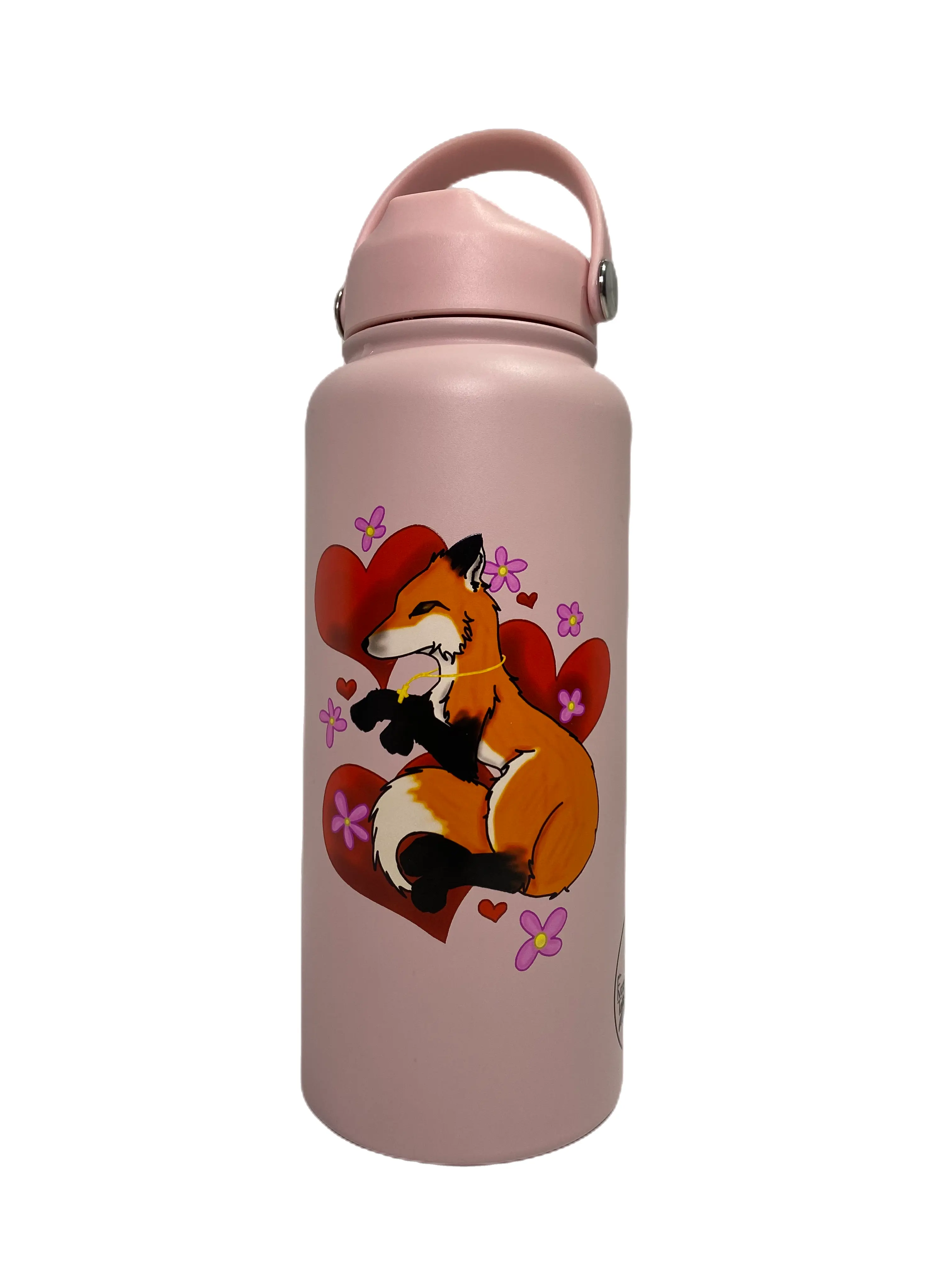 FvzzyTailz 32 oz Stainless Steel Flask Bottle - BPA-Free, Vacuum-Sealed, Leak-Proof Drinkware with Straw Lid, Pink Fox Design
