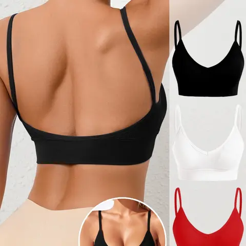 Seamless Comfortable V Neck Women's Bra Everyday Bra with Thin Straps, No padding，Inner double-layer fabric and Backless Design,Suitable for Daily Casual  Wear,Women's Ribbed Underwear,All Seasons