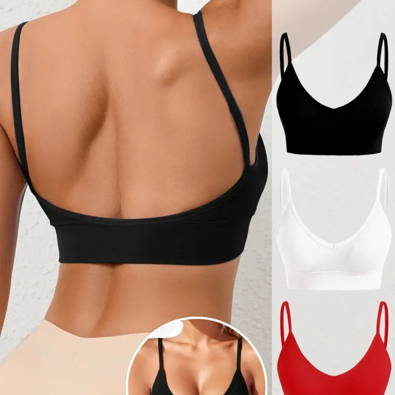 Seamless Comfortable V Neck Women's Bra Everyday Bra with Thin Straps, No padding,Inner double-layer fabric and Backless Design,Suitable for Daily Casual Wear,Women's Ribbed Underwear,All Seasons