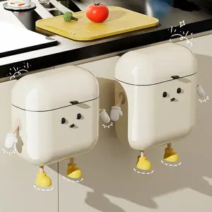 Cream-Colored Wall-mounted Kitchen Trash Can with Lid for Food Waste and Bathroom No Bending High Appearance Level