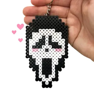 Shy Ghostface Keychain - Black Bead Keychain with White Design, Features Character Face, Includes Keyring Attachment