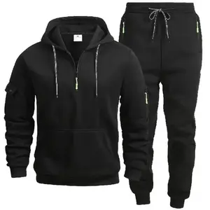 Men's Hooded Half-Zip Sportswear Set, Black Series, Utility-Style Pockets are Super Practical