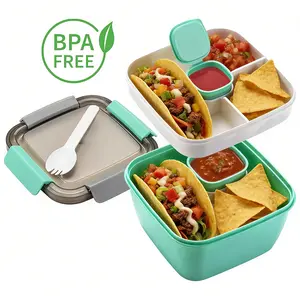 Reusable Salad Lunch Container 52oz Leakproof 3 Compartments with Dressing Cup Built-in Fork & Sauce Holder TikTok Viral Work Lunch Must-Have BPA Free