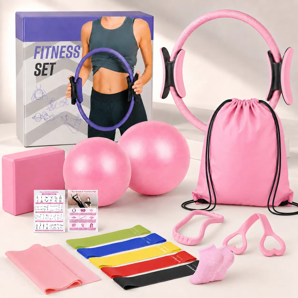 Women's Pilates Ring Set -  Equipment, At  Gym Equipment, Pilates for Beginners Kit with Yoga Ball & Resistance Bands for Core Strength, Full Body Toning TPE Non-Slip floor