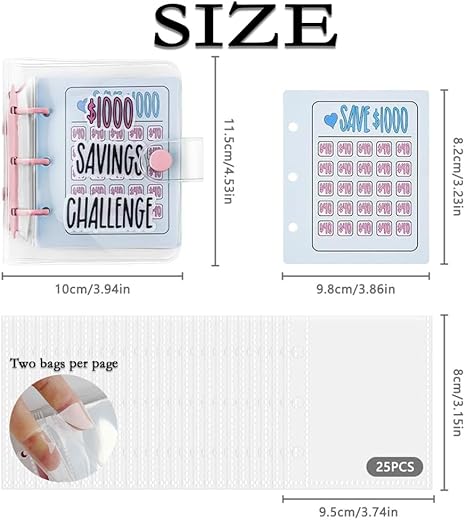 Mini Money Saving Binder, $1000 Savings Challenge Book with 25 Envelopes, Portable Budget Tool